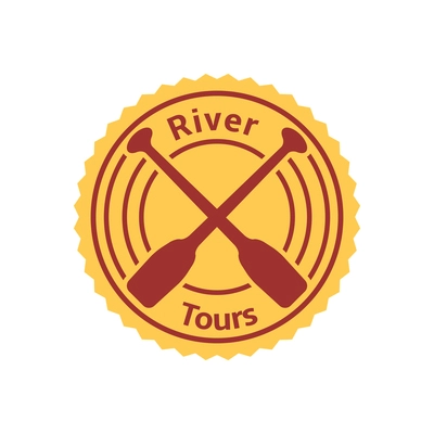 River tours flat round yellow badge with two paddles vector illustration