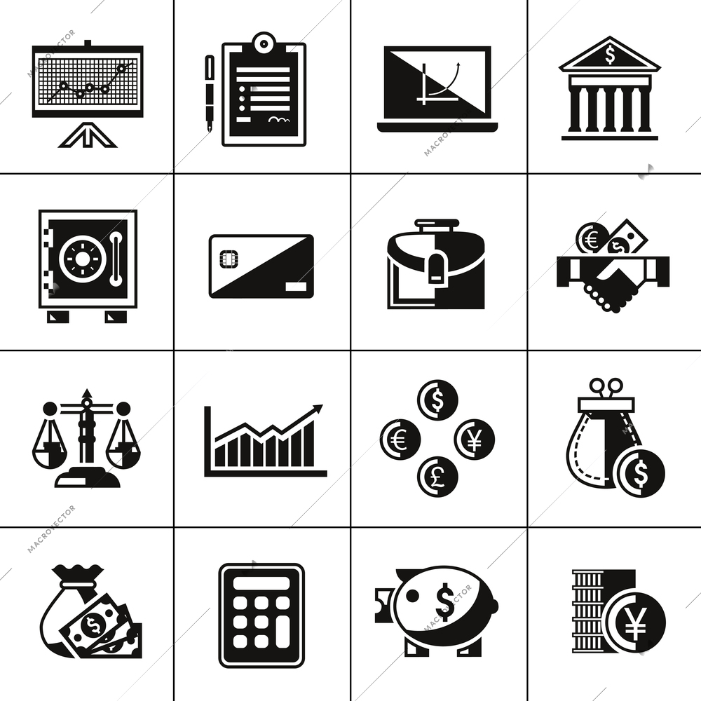 Finance banking business money trading black icons set with piggy bag safe isolated vector illustration