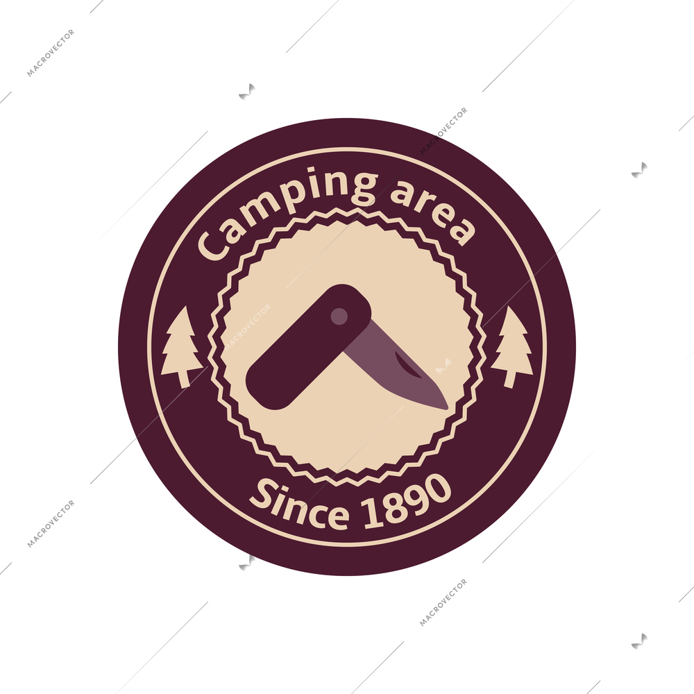 Camping area round badge with pocket knife flat vector illustration