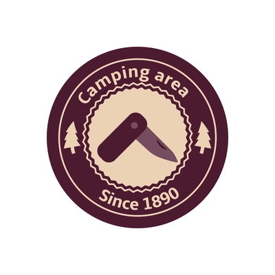 Camping area round badge with pocket knife flat vector illustration