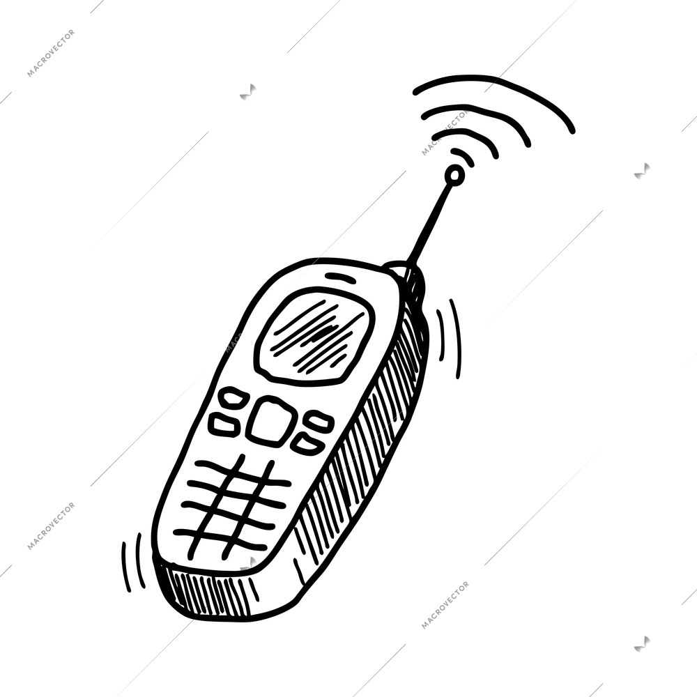 Ringing vintage mobile phone with antenna doodle vector illustration