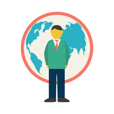 International business icon with flat character of businessman and globe vector illustration