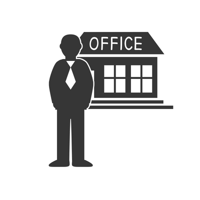 Flat icon of office building and character of businessman vector illustration