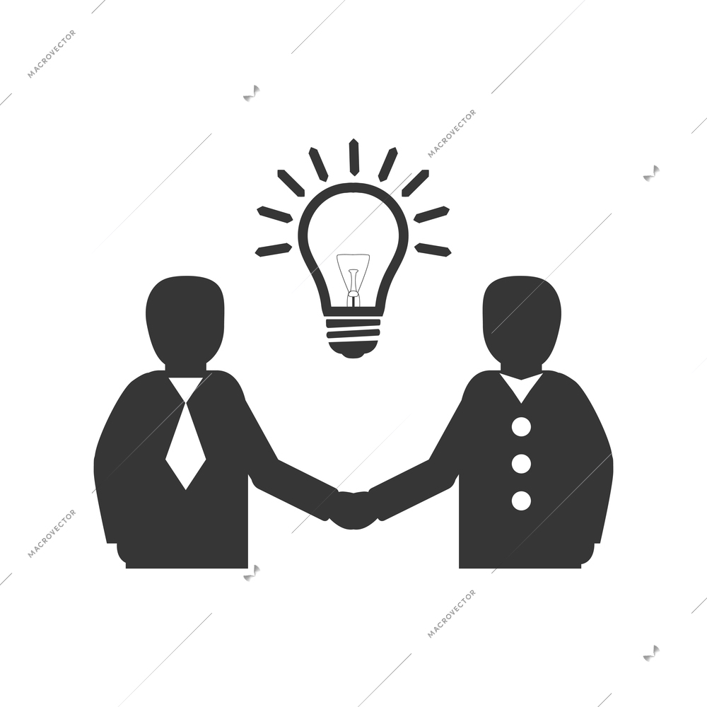 Business meeting icon with two people handshaking and light bulb symbol of idea flat vector illustration