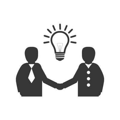 Business meeting icon with two people handshaking and light bulb symbol of idea flat vector illustration