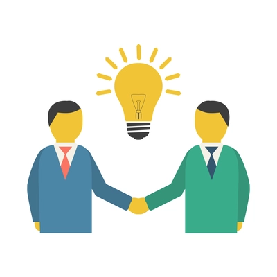 Flat collaboration team work icon with light bulb and two businessmen handshaking vector illustration
