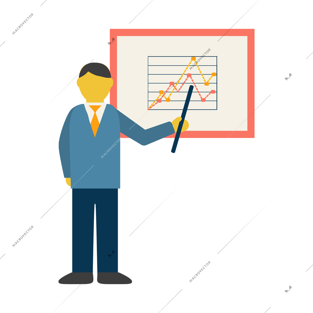 Businessman character giving presentation with charts flat icon vector illustration