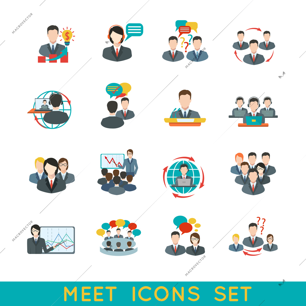 Business meeting flat icons set of partnership planning conference elements isolated vector illustration.