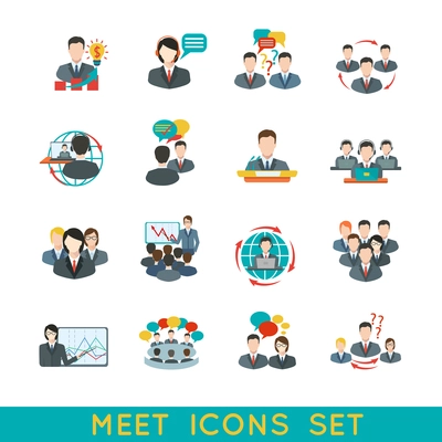 Business meeting flat icons set of partnership planning conference elements isolated vector illustration.