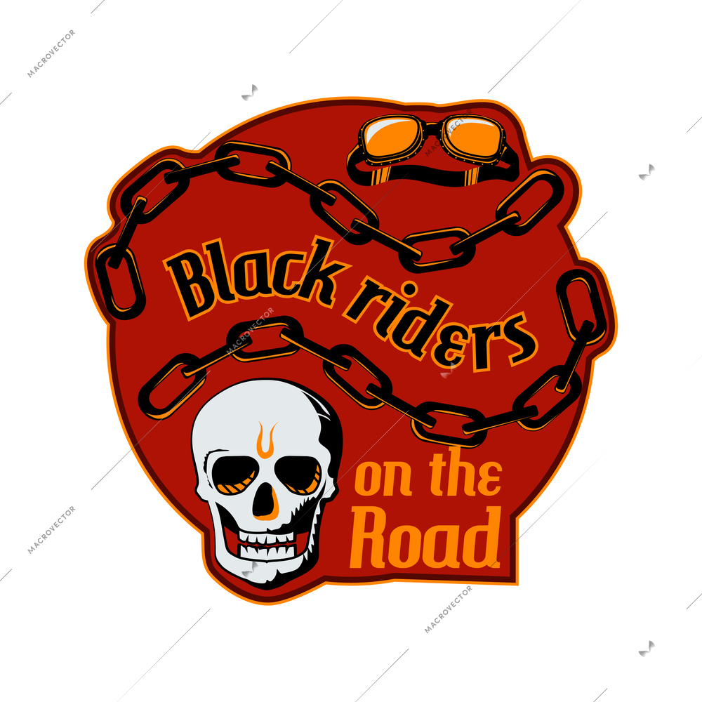 Motorcycle black riders flat badge with chain skull and goggles vector illustration