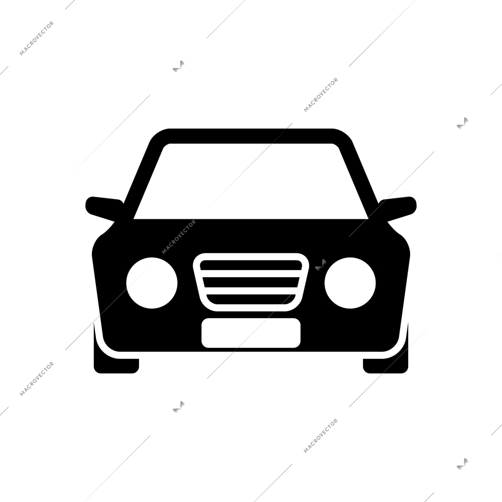 Black icon with front view car with round headlights flat vector illustration