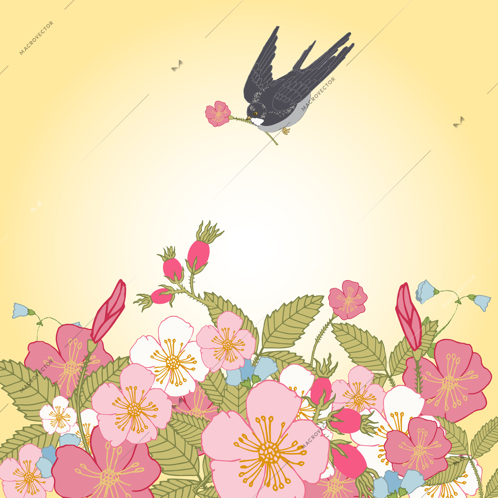 Vintage romantic abstract summer flower branches background with swallow bird vector illustration