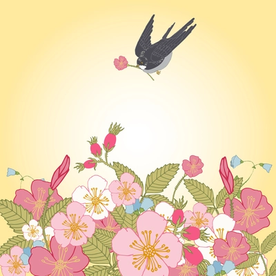 Vintage romantic abstract summer flower branches background with swallow bird vector illustration