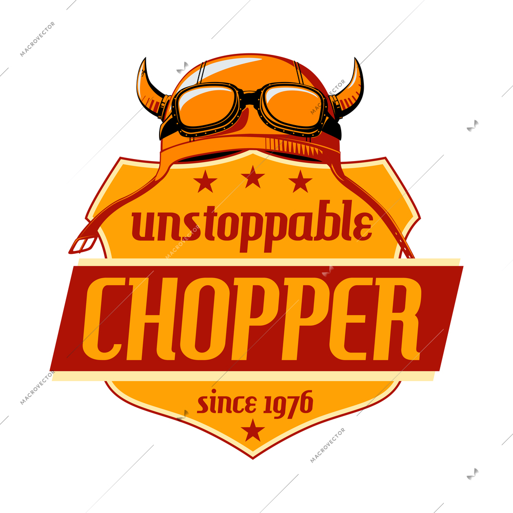 Motorcycle chopper flat badge with helmet and goggles vector illustration