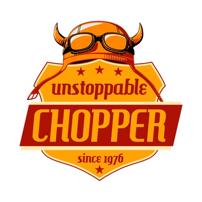 Motorcycle chopper flat badge with helmet and goggles vector illustration