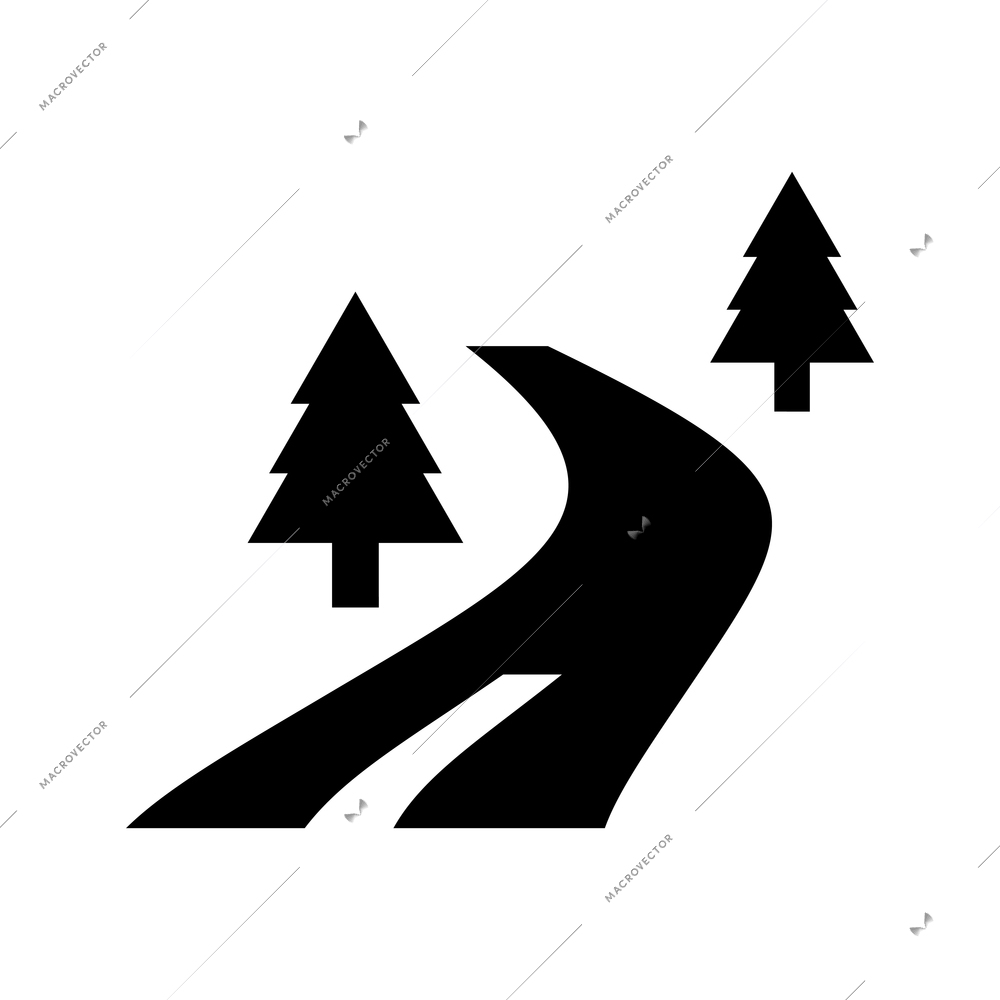 Black flat travel icon with road and two fir trees isolated vector illustration