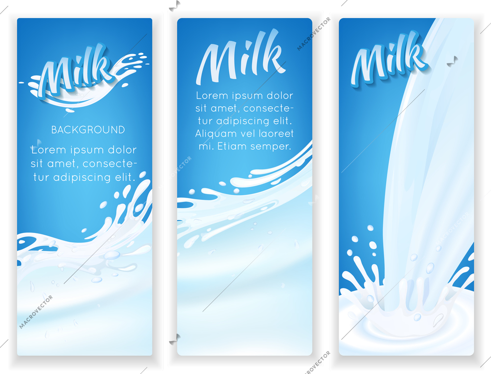 Milk drops flow and splashes on blue background vertical banners set isolated vector illustration