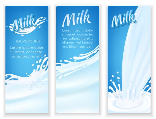 Milk drops flow and splashes on blue background vertical banners set isolated vector illustration