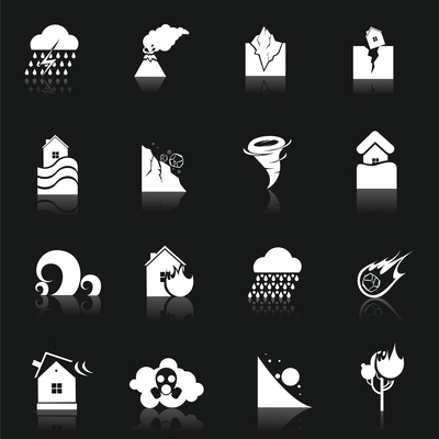Natural disaster danger white icons set with thunderstorm volcano earthquake isolated vector illustration