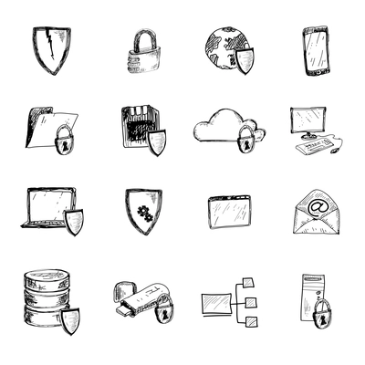 Computer data protection and secure internet information sketch icons set isolated vector illustration