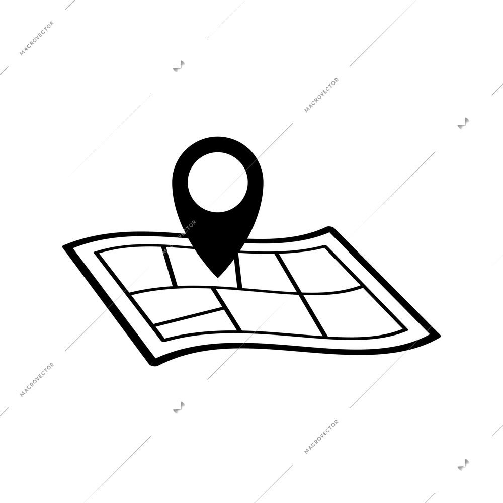 Flat black icon with paper map and location sign vector illustration
