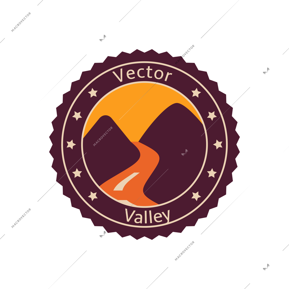 Tourism flat round badge with road in valley vector illustration