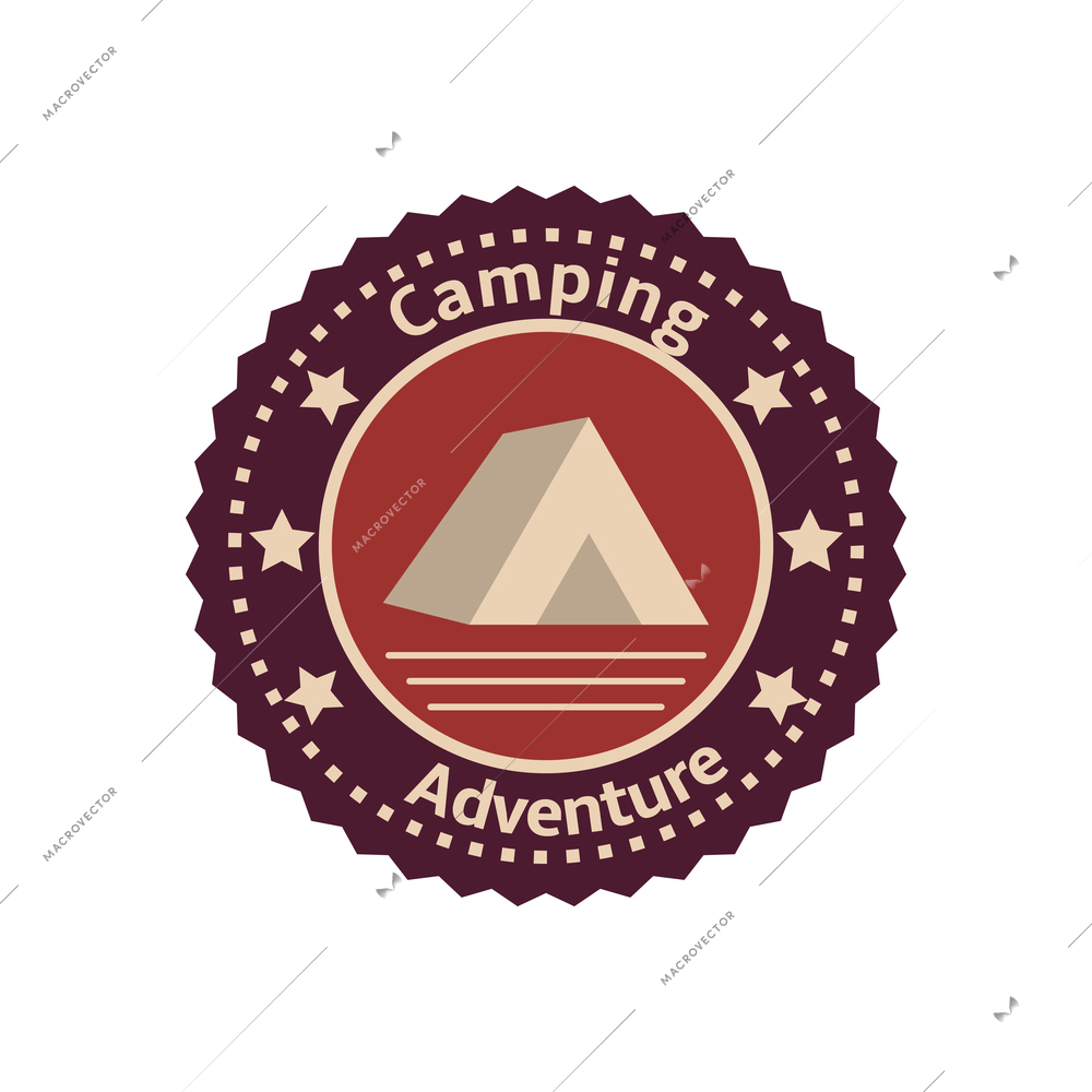Round badge with camping tent in flat style vector illustration