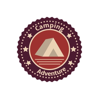 Round badge with camping tent in flat style vector illustration