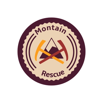 Camping hiking mountain rescue flat round badge with pickaxes vector illustration