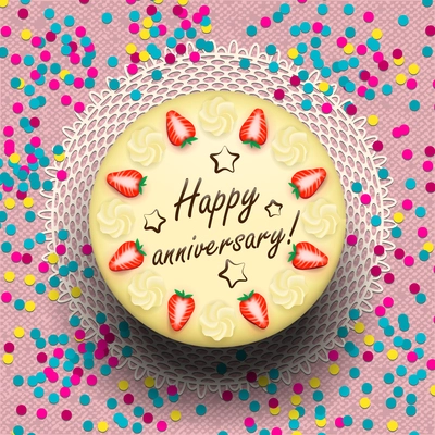 Icecream anniversary cake decorated with strawberries and confetti vector illustration