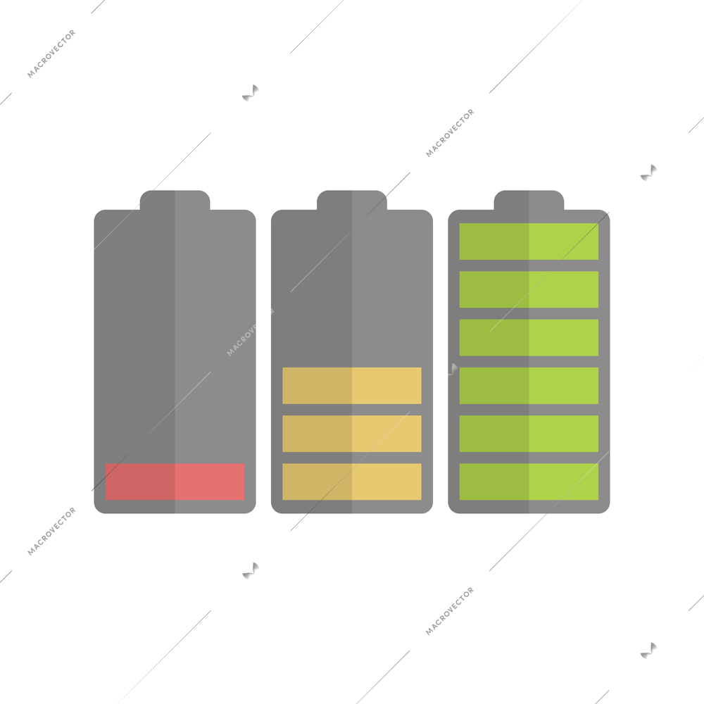 Three full and low batteries flat icon isolated vector illustration