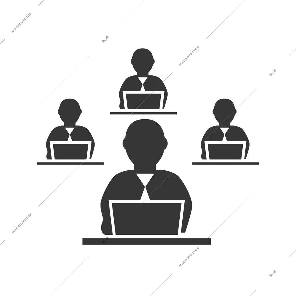 Business meeting flat icon with characters of people working on computers isolated vector illustration