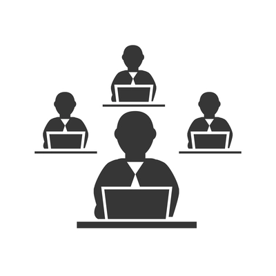 Business meeting flat icon with characters of people working on computers isolated vector illustration