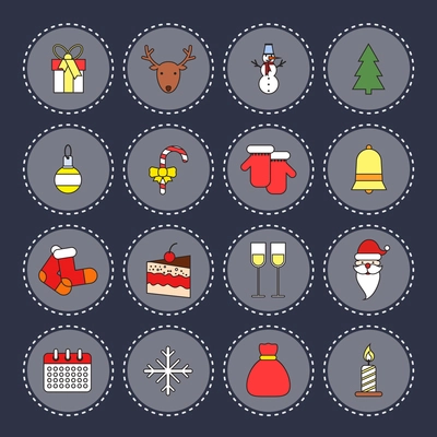 Christmas new year round icons set with bell socks cake isolated vector illustration