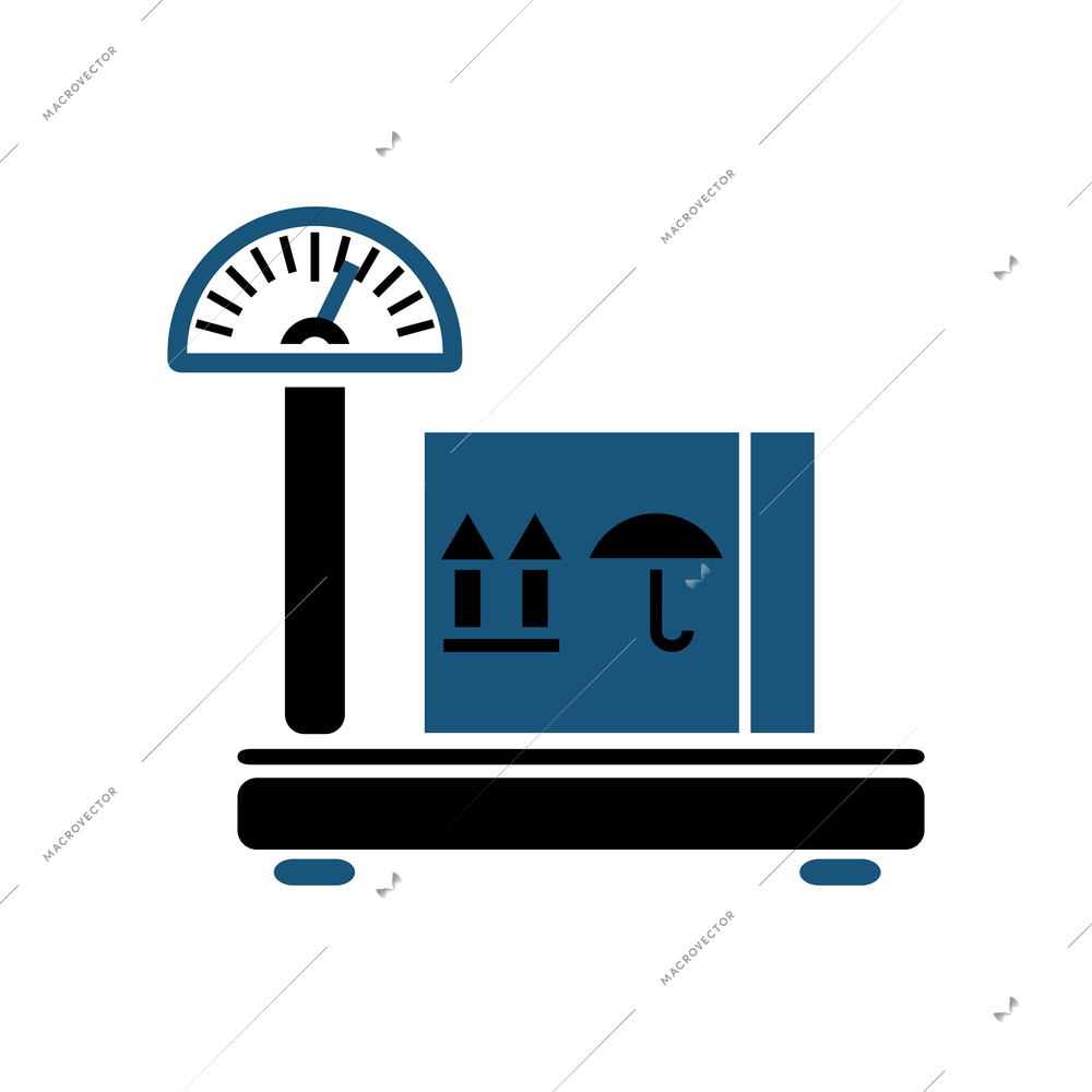 Flat logistics icon with cardboard box with goods on warehouse scales vector illustration