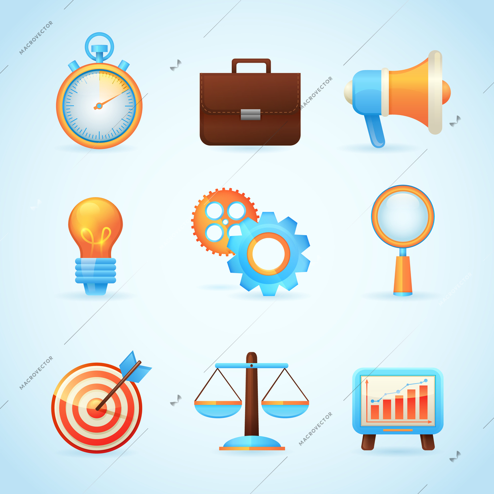 SEO internet marketing icons set with stopwatch briefcase megaphone isolated vector illustration