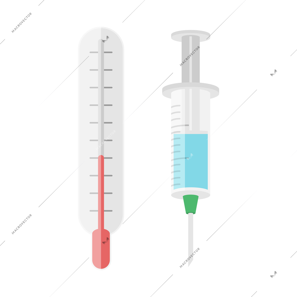 Flat health care medical icon with thermometer and syringe isolated vector illustration