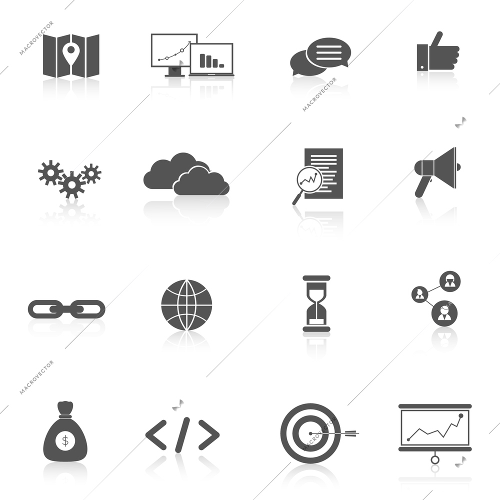 SEO marketing training landing search web site black icons set isolated vector illustration