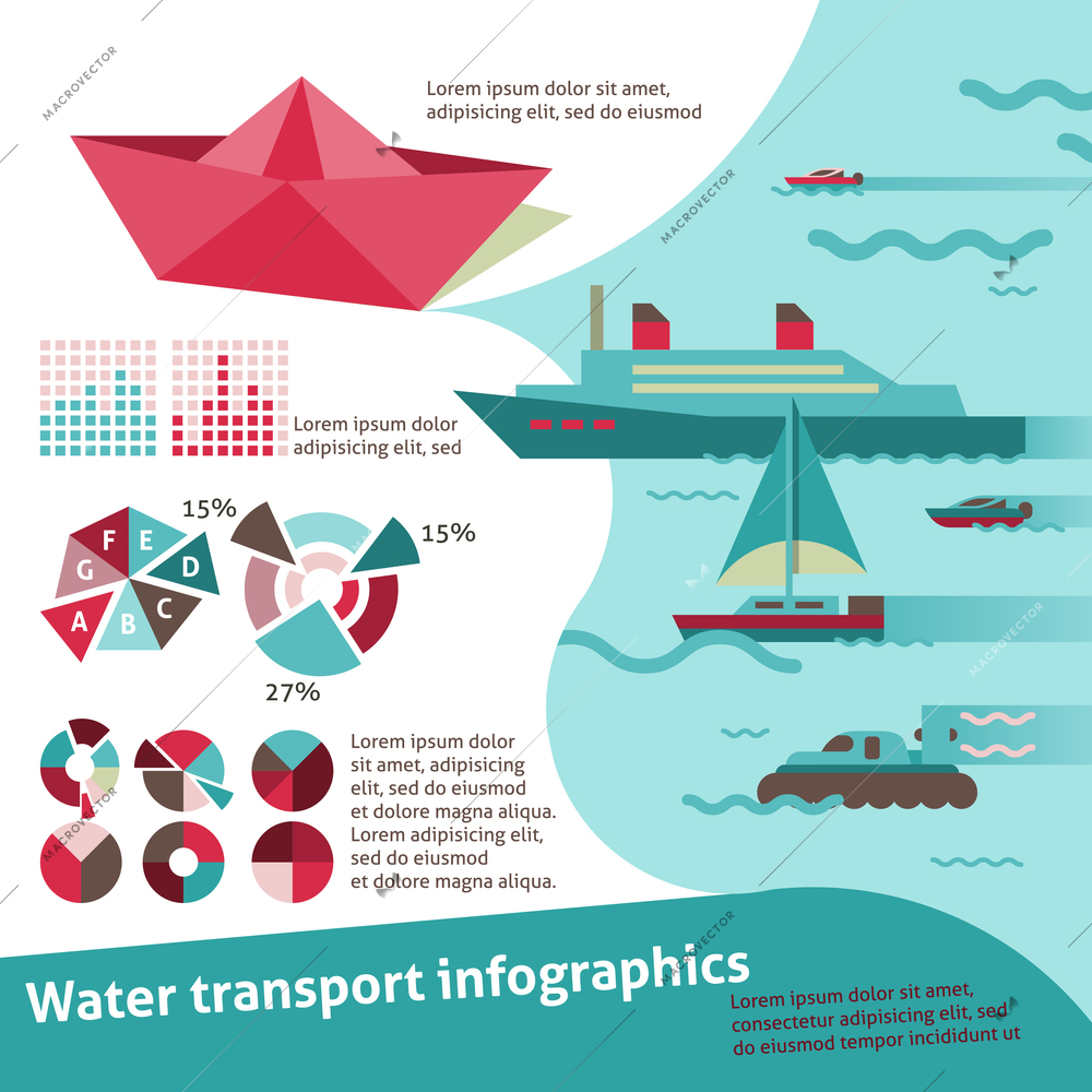 Water transport travel infographic set with sail ship yacht scooter vector illustration