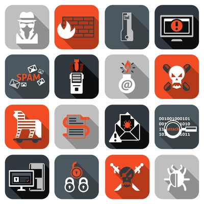 Hacker web security icons flat set with firewall computer spam isolated vector illustration