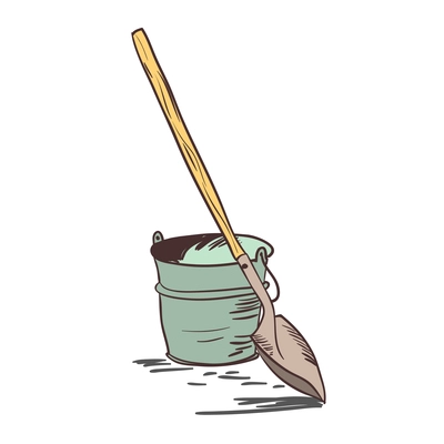 Gardening tools with spade and empty bucket hand drawn vector illustration