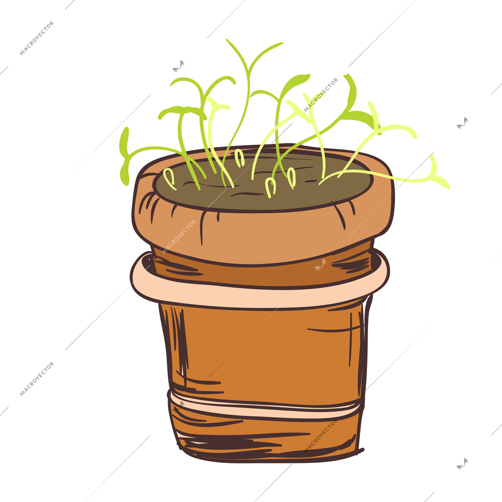 Hand drawn brown pot with small green seedlings vector illustration