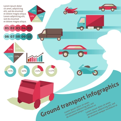 Ground transport travel infographic set with car truck bike minivan vector illustration