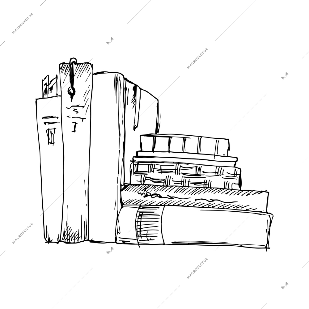 Row and stack of hand drawn books vector illustration