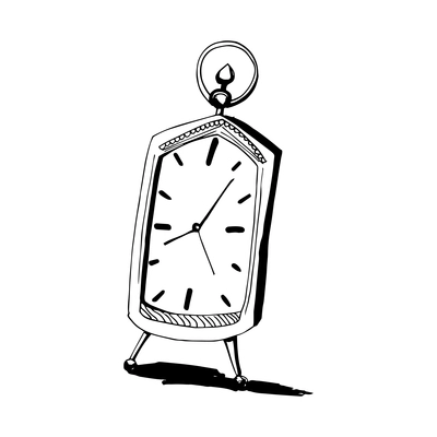 Vintage table clock on white background hand drawn vector illustration