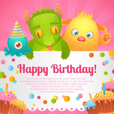 Cute cartoon monster party funny alien character happy birthday card design vector illustration