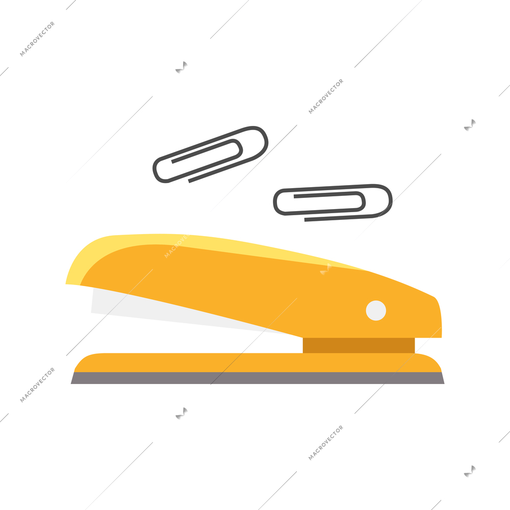 Office stationery flat icon with yellow stapler and two paperclips isolated vector illustration