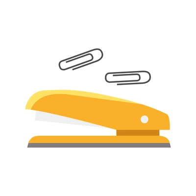 Office stationery flat icon with yellow stapler and two paperclips isolated vector illustration