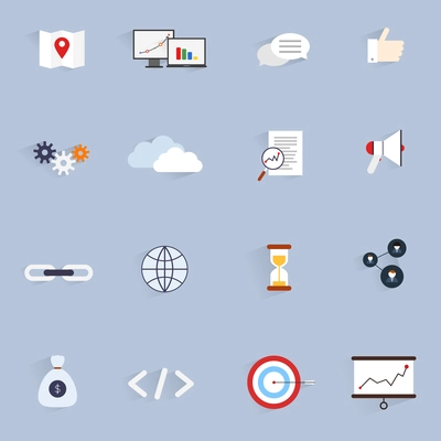 SEO marketing software optimisation analysis network icons flat set isolated vector illustration