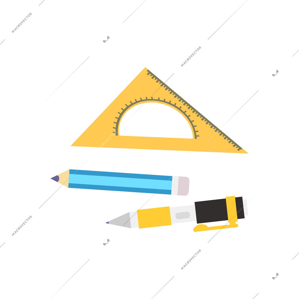 Stationery icon with color triangular ruler pencil and pen isolated flat vector illustration